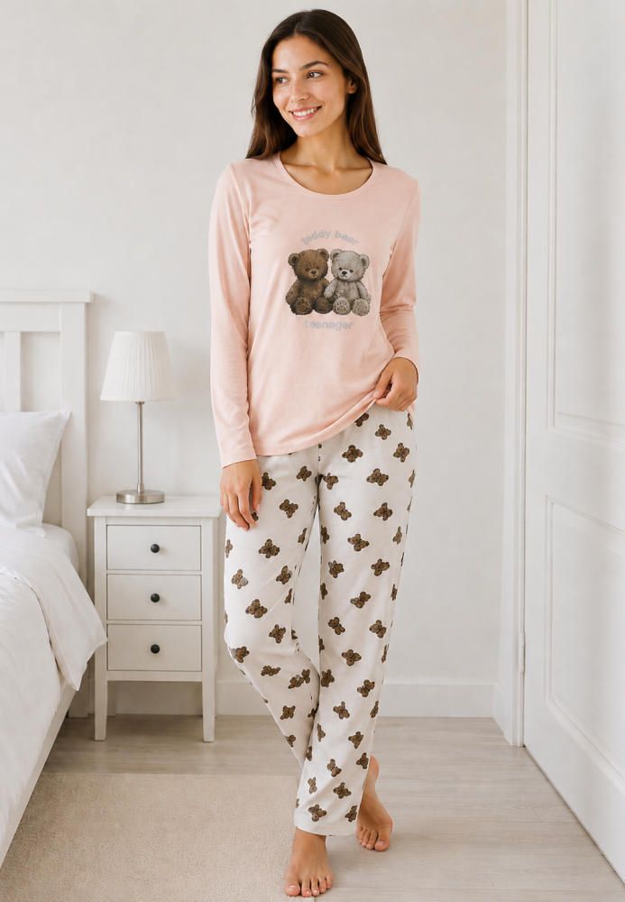 Pijama de damă cu bluză cu maneca lunga și pantaloni lung -roz pudra ,Engros